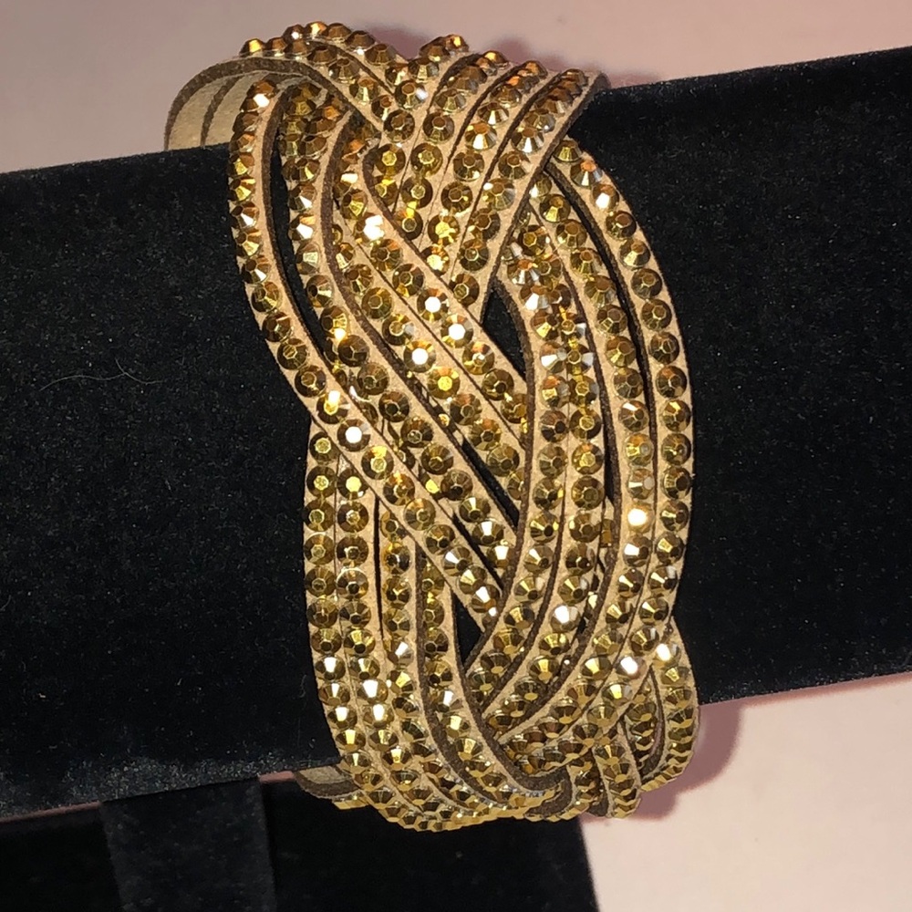 Gold Tone Braided Crystal Cuff Wrap Bracelet